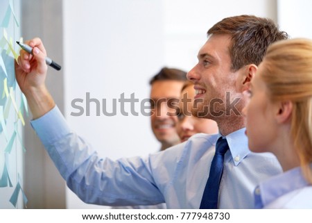 business and people concept - happy coworkers with marker writing sticky notes at glass board