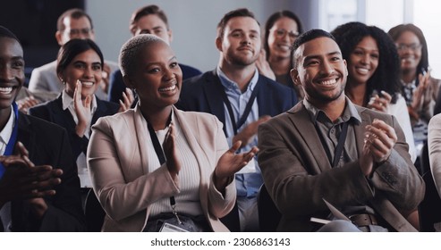 Business people, conference and audience applause at seminar, workshop or training. Diversity men and women crowd clapping at presentation or convention for corporate success, bonus or growth - Powered by Shutterstock