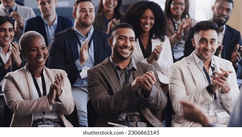 Business people, conference and audience clapping hands at a seminar, workshop or training. Diversity men and women crowd applause at conference or convention for corporate success, bonus or growth - Shutterstock ID 2306863145
