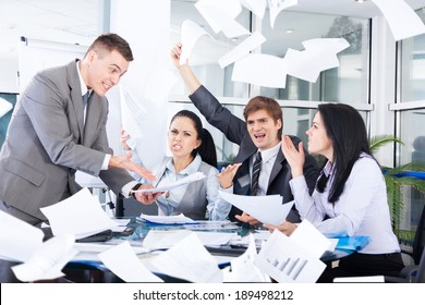 Business People Conflict Problem, Team Working Throw Papers, Documents Fly In Air,, Businessmen And Women Serious Argument Negative Emotion, Businesspeople Meeting At Desk Office