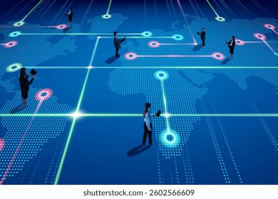 Business people connected across digital world map, symbolizing innovation, global network, seamless communication and decentralized data exchange. Concept of business and technology. 6 models collage