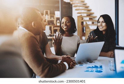 Business people, conversation and laptop data with planning and strategy in office. Training, communication and online chart with corporate paperwork and working on a teamwork project with diversity