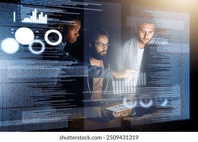 Business people, data and night with overlay in analytics, future development or statistics at office. Group of young developers working late on futuristic technology with graph, chart or performance - Powered by Shutterstock