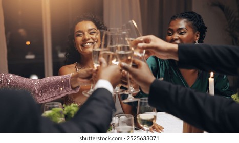 Business people, dinner and toast champagne at party in celebration, goal or diversity for success with smile at night. Team, drinks and alcohol for cheers, congratulations and new year at gala event - Powered by Shutterstock