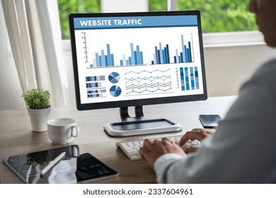 Business people are discussing digital marketing, marketing analysis reports, graphs, and SEO chart information to optimize content marketing. Content research keyword