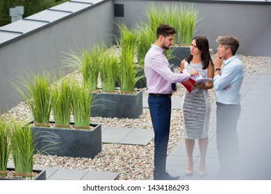 Business People Discussing At Office Terrace