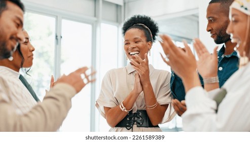 Business people, diversity and clapping in high five, teamwork or collaboration in company growth, target or global goals. Smile, happy or office applause, winner celebration or success hands gesture