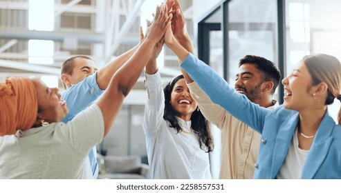 Business people, diversity or high five in teamwork success, advertising goals or team building in marketing modern office. Smile, happy or collaboration hands gesture, creative designer men or women - Powered by Shutterstock
