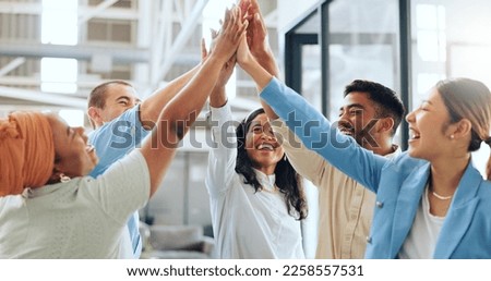 Business people, diversity or high five in teamwork success, advertising goals or team building in marketing modern office. Smile, happy or collaboration hands gesture, creative designer men or women
