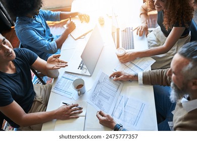 Business people, documents and spreadsheet in meeting for strategy, planning and budgeting company finances. Above, paperwork and collaboration with analysis for forecasting, review and performance. - Powered by Shutterstock