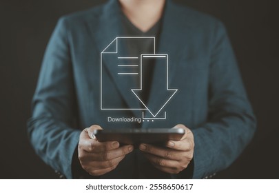 Business people download files or install software on a computer. Data copy or move, cloud storage technology, data backup, cybersecurity, document downloading. Exchange file server.