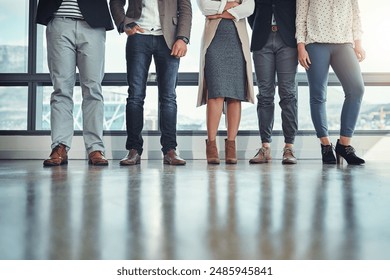 Business people, fashion and legs in modern office, shoes and creative agency for cooperation. Feet, closeup and employees in workplace, collaboration and startup for graphic design, group or waiting - Powered by Shutterstock