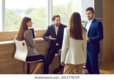Business people in formal chat, speaking, presentation, critical thinking and teamwork skills. Happy office friends, students in strategic managerial communication, creating effective team