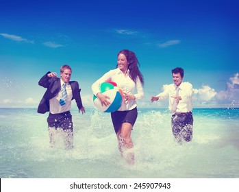 Business People Fun Playing Beach Travel Concept