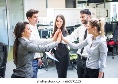 Business People Gathering Hands Unity Celebrating Stock Photo 660391129 ...