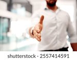 Business people, greeting or handshake closeup for office negotiation, funding agreement or b2b deal. Recruiter, director or entrepreneur meeting investor for opportunity, partnership or introduction