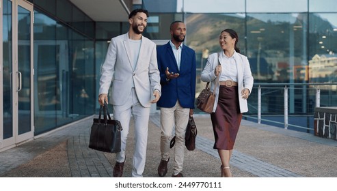 Business people, group and conversation in city on walk for commute to workplace with questions by buildings. Men, woman and employees with bag, outdoor and discussion for travel on metro sidewalk - Powered by Shutterstock