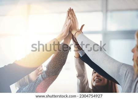 Business people, group high five and motivation for collaboration for support, trust or goal in insurance company. Team building, hands and connection for synergy, teamwork or solidarity in workplace