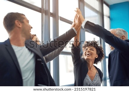 Business people, group high five and celebration in office with team, smile and support for company goals. Men, women and hands in air for teamwork, achievement and motivation at insurance agency