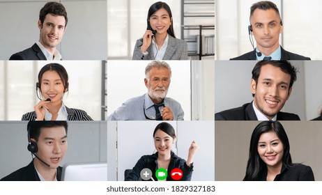 Business People Group Meeting In Video Conference On Laptop Monitor View. Online Seminar Application Presented In Cropped Zoom View Of Computer Screen. Communication Technology For Corporate Working.