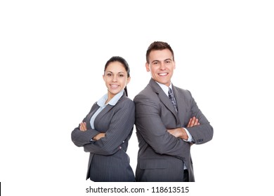 Business People Group Team Standing Folded Hand Smile, Businessman And Businesswoman Wear Gray Suit Isolated Over White Background