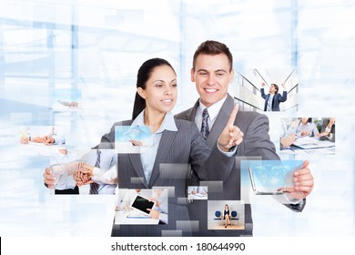 Business people group team working with virtual touch screens smile, businessman and businesswoman touch businesspeople icons, concept virtual conference meeting, communication technology interface - Powered by Shutterstock