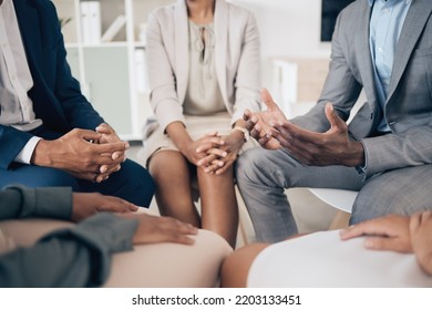 Business People In Group Therapy, Workshop And Communication With Mental Health, Stress Or Conversation In Office. Support Worker Talking, Discussion Or Speaking In Team Building At Company Workplace