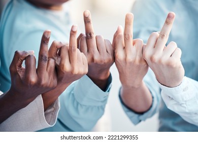 Business People, Hand And Middle Finger With Rude, Gesture And Conflict With Disrespect, Conflict And Opinion. People, Finger And Hands Show Sign, Icon And Fingers With Diversity, Vote And Bad