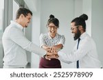 Business people, hand pile and celebration for agreement, motivation or office support. Group, employee and cheerful workers for team building, collaboration or partnership meeting for goals