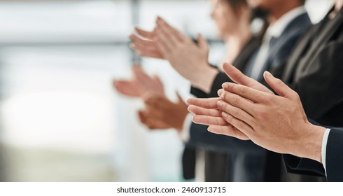 Business people, hands and applause for team in office, motivation and support for company win. Employees, clapping and solidarity for target or goals achievement, celebration and growth results