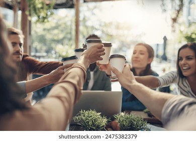 Business people, hands and cheers with coffee for meeting, team building or discussion at outdoor cafe. Young group of creative employees toasting with beverage for startup together at restaurant - Powered by Shutterstock