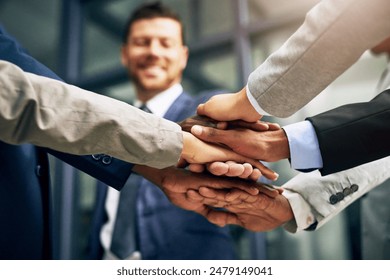 Business people, hands and collaboration of team with support, celebration and corporate success. Office, professional and lawyer group with solidarity of workforce with motivation at law firm - Powered by Shutterstock