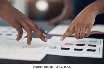 Business people, hands and color for fashion sketch, designer and drawing for creative ideas. Team, documents and strategy for style, collaboration and review feedback for clothes or dress in office - Powered by Shutterstock