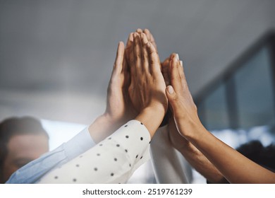 Business people, hands and high five with team for motivation, unity or collaboration at office. Closeup, group or employees touching with solidarity together for cooperation or mission at workplace - Powered by Shutterstock