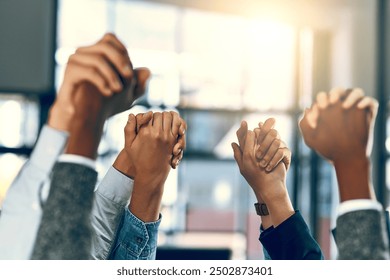 Business people, hands up and holding in office for diversity, inclusion and acceptance for equal opportunity. Trust, employees and teamwork with solidarity for group, awareness and support for goals - Powered by Shutterstock