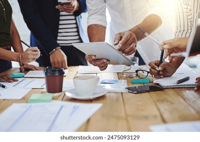 Business people, hands and meeting with tablet and documents for project discussion at office. Group of employees in team discussion, conversation or paperwork with technology for brainstorming - Powered by Shutterstock