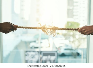 Business people, hands and pulling a rope in office for power, professional competition and pressure from opposition. Challenge, employees or fight for leadership with struggle, battle and tug of war