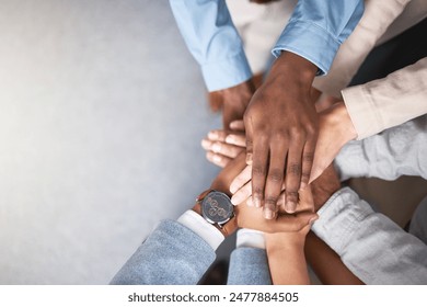 Business people, hands stack and support above for collaboration and inclusion in office for equality. Workplace community, staff and huddle together for solidarity and cooperation with team building