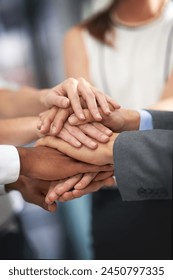 Business people, hands and stack for teamwork support with b2b collaboration, merger or partnership. Fingers, pile and community agreement in union for employee solidarity in goal, corporate or staff