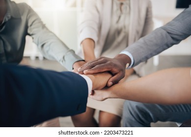 Business People, Hands And Teamwork Unity In Office Circle For Motivation, Community Trust Or Global Collaboration. Zoom On Black Man, Women Or Company Diversity With Target Goal Or Ready For Success