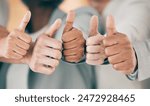 Business people, hands and thumbs up for thank you, good news and success at recruitment interview in office. Corporate group, team building and hiring with agreement emoji for triumph and victory