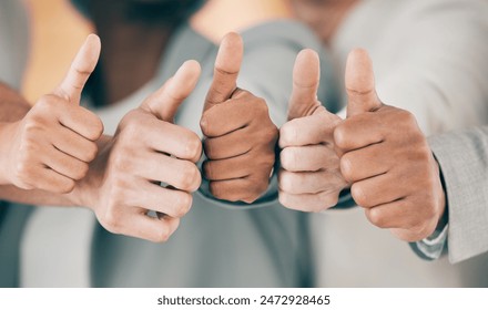 Business people, hands and thumbs up for thank you, good news and success at recruitment interview in office. Corporate group, team building and hiring with agreement emoji for triumph and victory