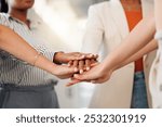 Business people, hands together and meeting with unity for motivation, teamwork or collaboration at office. Closeup, employees or colleagues piling in solidarity for mission, support or agreement