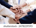 Business people, hands together and stack with teamwork in unity, collaboration or agreement at office. Closeup of group touching, piling or solidarity for motivation, mission or meeting at workplace