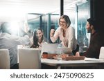 Business people, happy and celebration for success in office with company investment and stock market bonus. Teamwork, employees and support or trading achievement with night and excited in boardroom