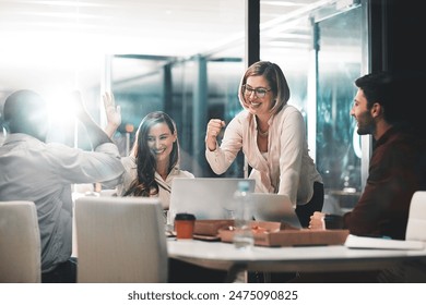 Business people, happy and celebration for success in office with company investment and stock market bonus. Teamwork, employees and support or trading achievement with night and excited in boardroom