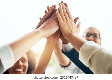 Business, people and happy with high five at office for collaboration, teamwork and unity on project. Employees, solidarity and smile with synergy or huddle for coworking with celebration and support - Powered by Shutterstock