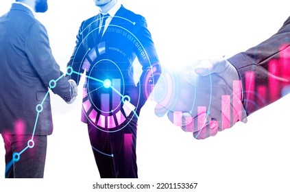 Business People Have Arrangement Of Financial Deal. Businessmen Shake Hands. Digital Interface With Bar And Pie Diagrams, Financial Graph. Concept Of Teamwork, Partnership, Agreement, Trading