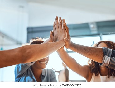 Business people, high five and hands for teamwork goals in office, solidarity and celebrate success. Employees, circle and together for target achievement, meeting and connect for project motivation