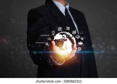 Business People Hold A Network Structure Like Global Internet Connection Metaverse. Global Business Internet Connection Application Technology And Digital Marketing. Finance And Banking Digital Techno